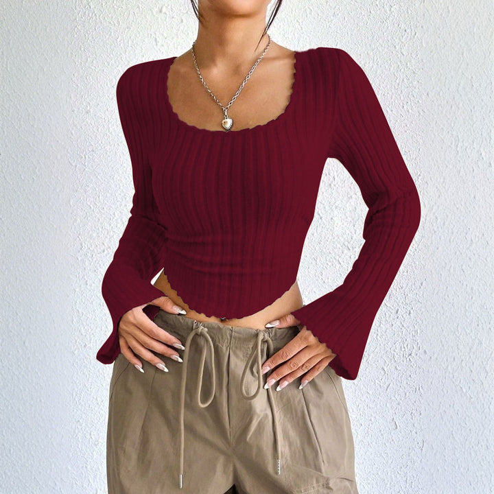 Damen geripptes Crop-Top mit quadratischem Ausschnitt, gewelltem Saum und ausgestellten Ärmeln Drune