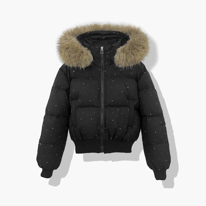 Damen nan kurzer gesteppter Pufferblouson mit feinem Strassbesatz, abnehmbarer Webpelzkapuze und elastischem Saum Drune