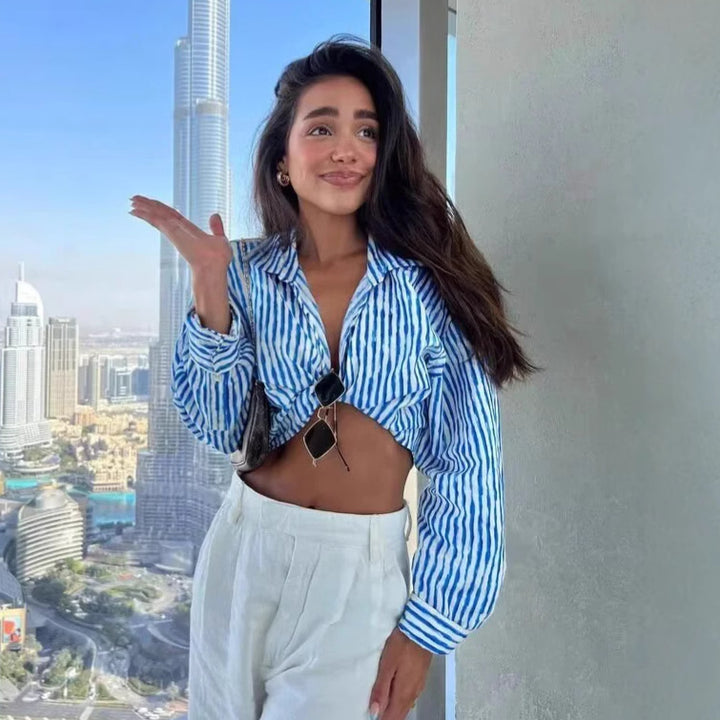 Damen nan geknotete Cropped-Bluse mit Hemdkragen und langen Ärmeln Drune