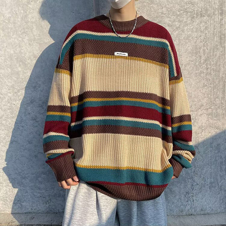 Herren Lässiger Grobstrickpullover mit buntem Streifenmuster Drune