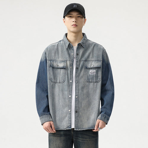 Herren Overshirt aus Denim mit Kontrastärmeln und leichter Used-Waschung Drune