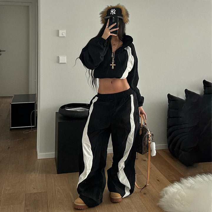 Damen Sportliches Crop-Set mit elastischem Bund und Kontraststreifen Drune