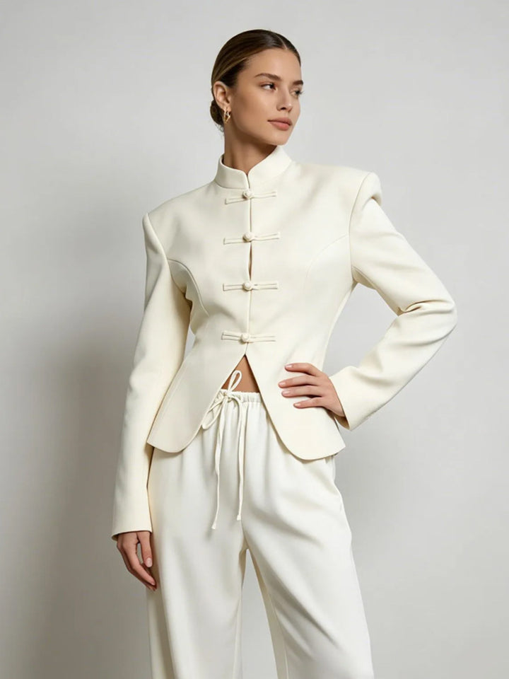 Damen Sculpted‑Blazer mit Stehkragen, dekorativen Knotenverschlüssen und taillierter Silhouette Drune