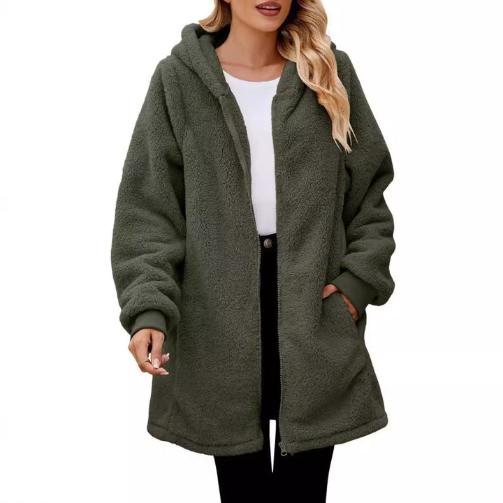 Damen nan midilanger Soft-Teddy Parka mit Kapuze, elastischen Bündchen und Zweiwege-Reißverschluss Drune
