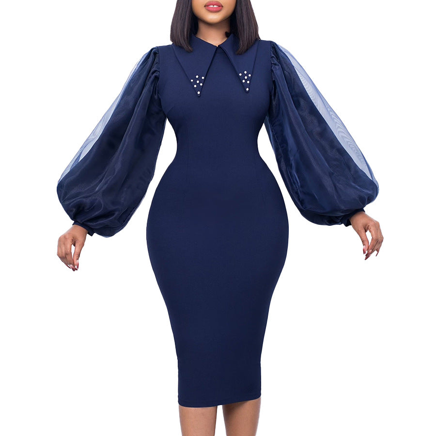 Damen Etuikleid mit Puffärmeln und eleganter Kragenverzierung Drune