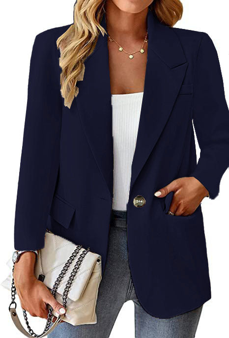 Damen Longline-Blazer im Oversize-Stil mit markantem Revers, Metallknopf und Pattentaschen Drune