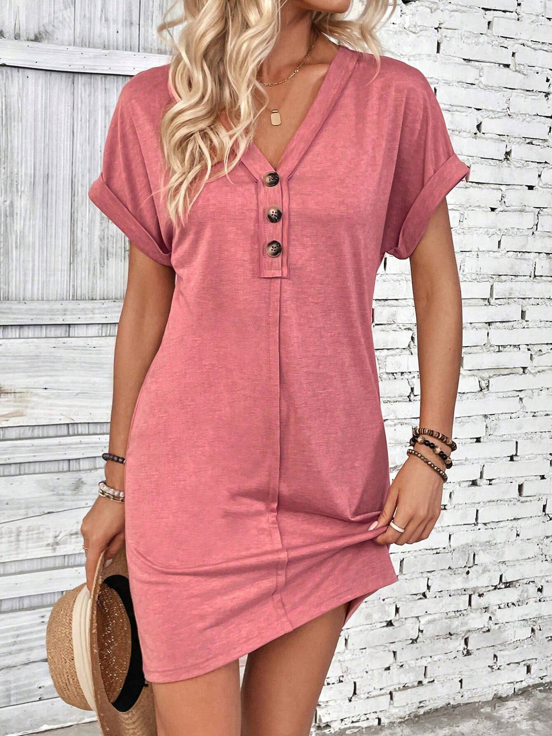Damen Lockeres V-Ausschnitt Freizeitkleid mit Zierknopfleiste Drune