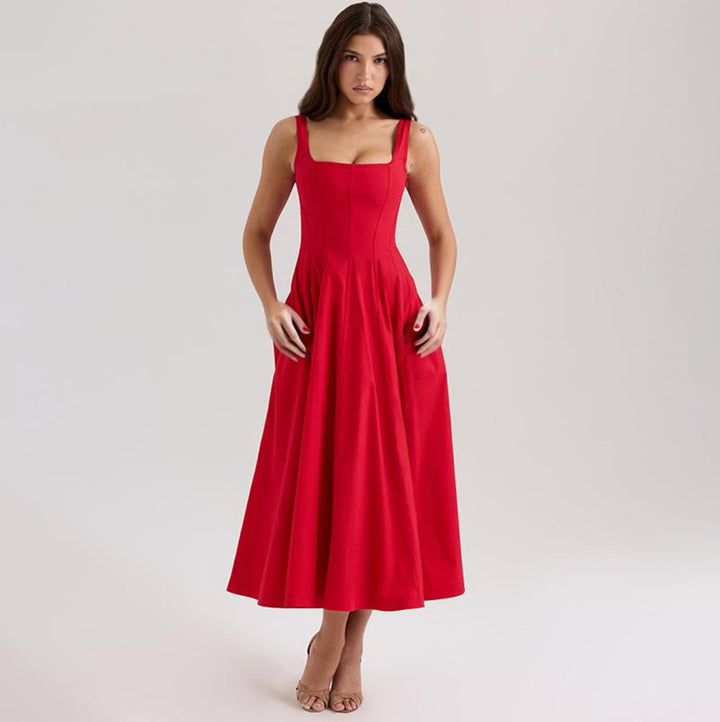 Damen elegantes Maxikleid mit quadratischem Ausschnitt und fließendem Rock Drune