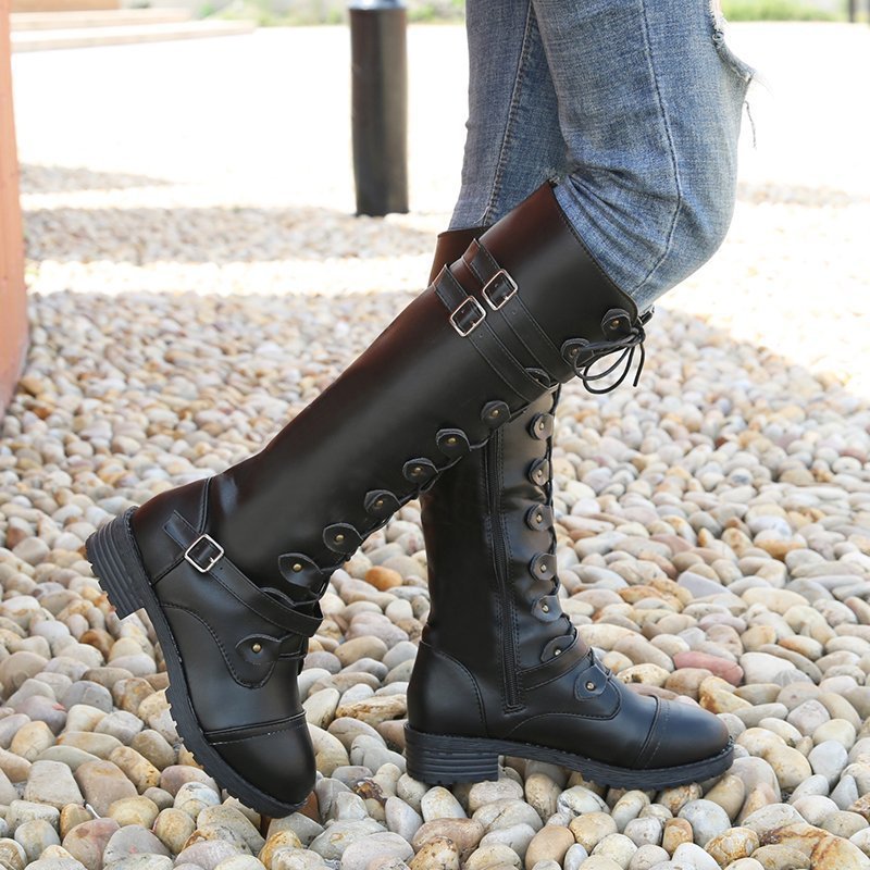 Damen nan kniehohe Schnürstiefel im Militär-Vintage Stil mit dekorativen Riemen und verstellbaren Schnallen Drune