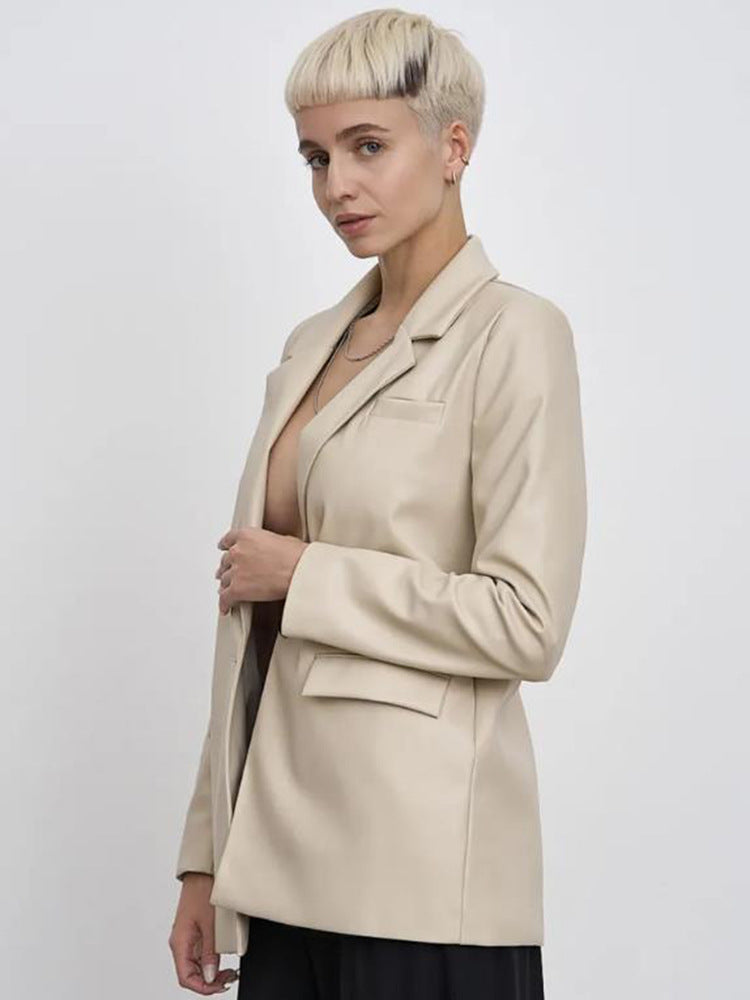 Damen minimalistische und elegante Kunstleder Blazer Drune