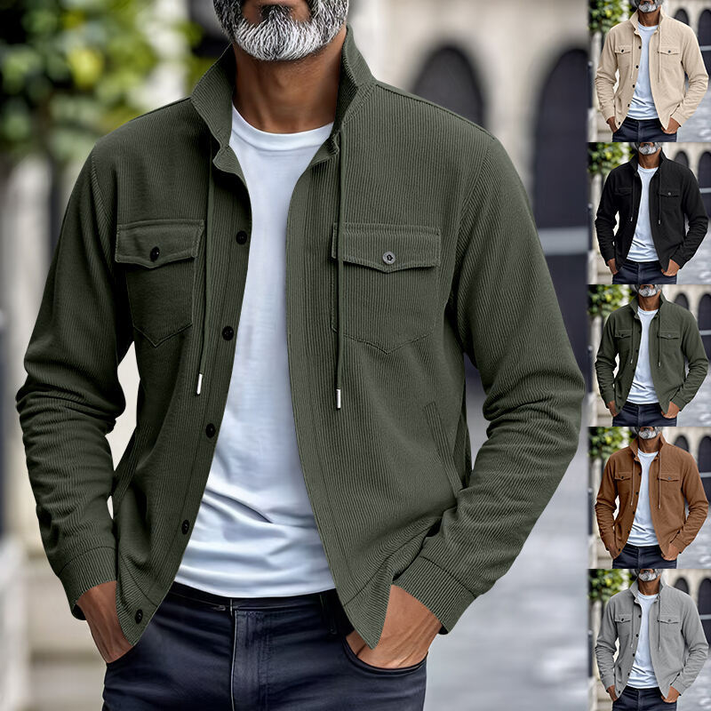 Herren nan funktionale Cord-Hemdjacke mit hohem Stehkragen, Kordelzug und aufgesetzten Pattentaschen Drune