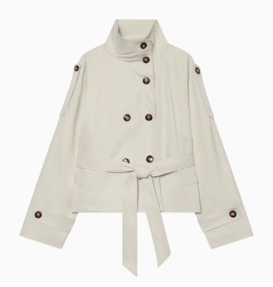 Damen 10+ Cropped Doppelreihige Kurzjacke mit Stehkragen und Taillengürtel Drune