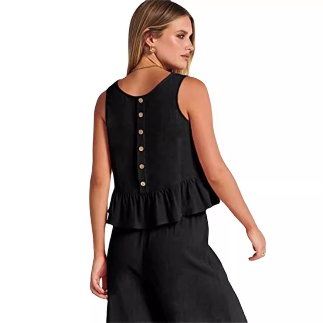 Damen Zweiteiler-Set mit schickem Peplum-Oberteil und weit geschnittenen Hosen Drune