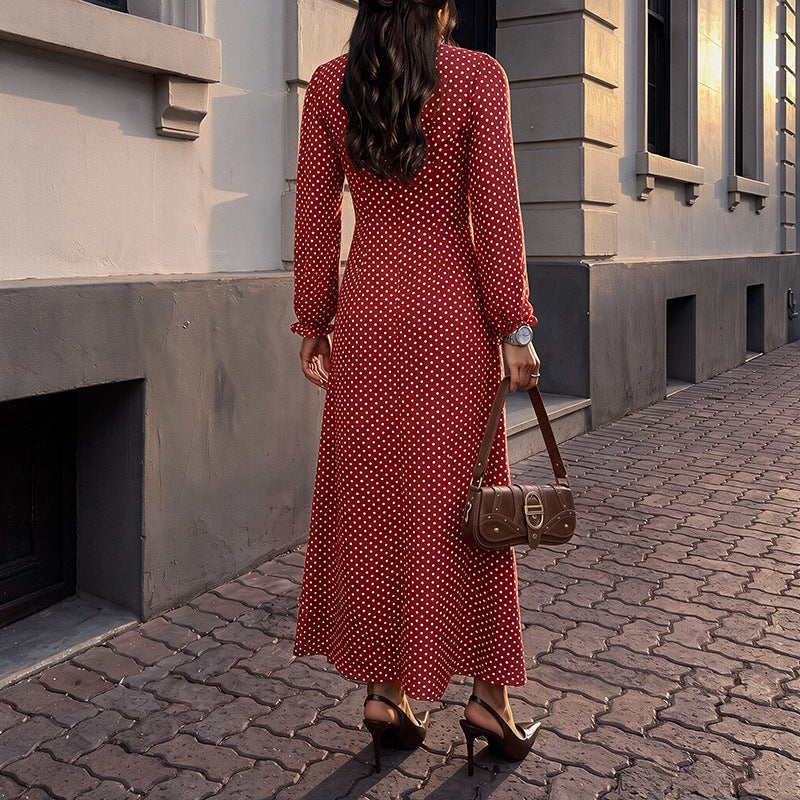 Damen Retro-Maxikleid mit quadratischem Ausschnitt, geraffter Brustpartie und langen Ärmeln Drune