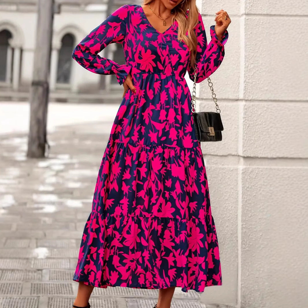 Damen Maxikleid mit V-Ausschnitt und voluminösen Ärmeln Drune