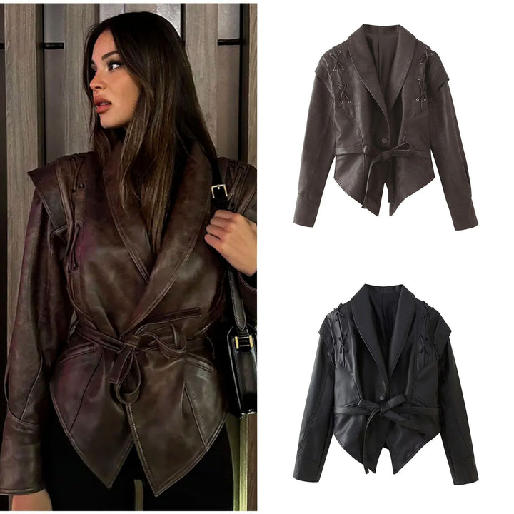 Damen nan taillierte Bindegürtel-Kunstlederjacke mit Schalkragen und Schnürdetails Drune