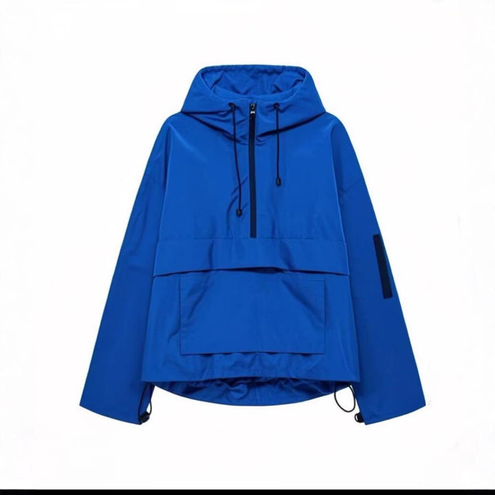 Damen Oversize Windbreaker-Anorak mit Kapuze, Halb-Reißverschluss und Kängurutasche Drune