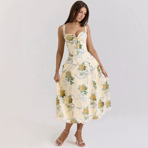 Damen Maxikleid mit floralem Design und eleganter Schnürung Drune