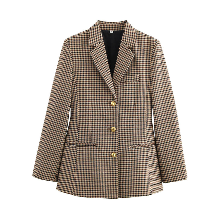 Damen nan schmal geschnittener Longblazer im Hahnentritt-Muster mit goldenen Zierknöpfen und Leistentaschen Drune