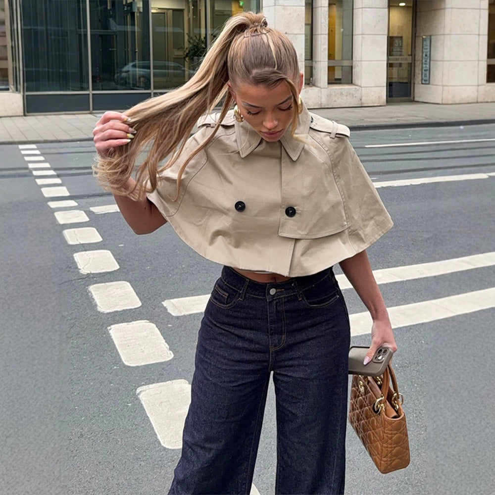 Damen Cropped Cape-Trench mit doppelreihiger Knopfleiste und Schulterklappen Drune