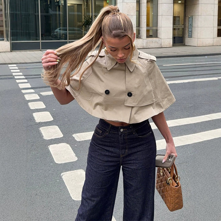 Damen Cropped Cape-Trench mit doppelreihiger Knopfleiste und Schulterklappen Drune