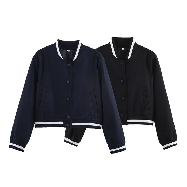 Damen nan kurzgeschnittene Bomberjacke im Varsity-Stil mit Rippbündchen und Druckknopfverschluss Drune