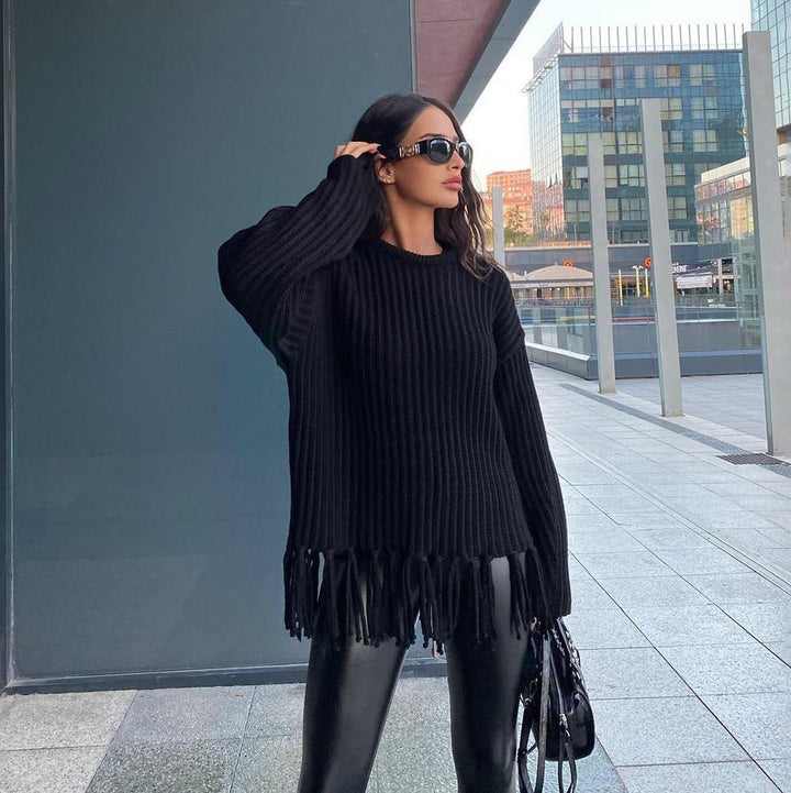 Damen lässiger Rippstrick-Pullover mit Fransen-Saum und Oversize-Silhouette Drune