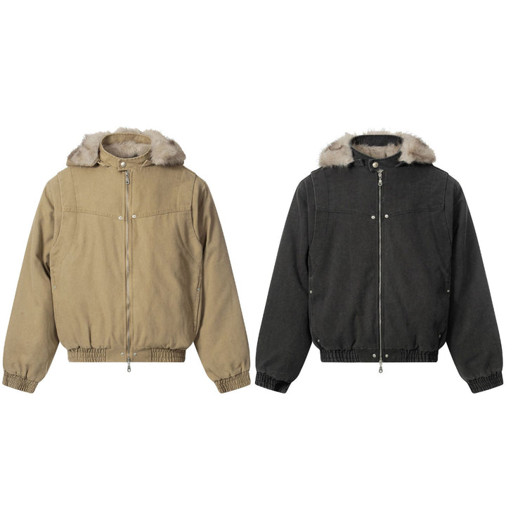 Herren Canvas-Bomberjacke mit abnehmbarer Kunstfellkapuze und elastischem Saum Drune
