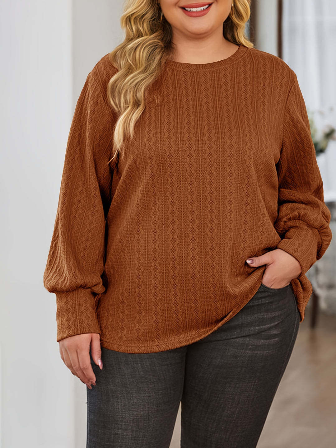 Damen Texturierter Oversize-Strickpullover mit Rundhalsausschnitt und Ballonärmeln Drune