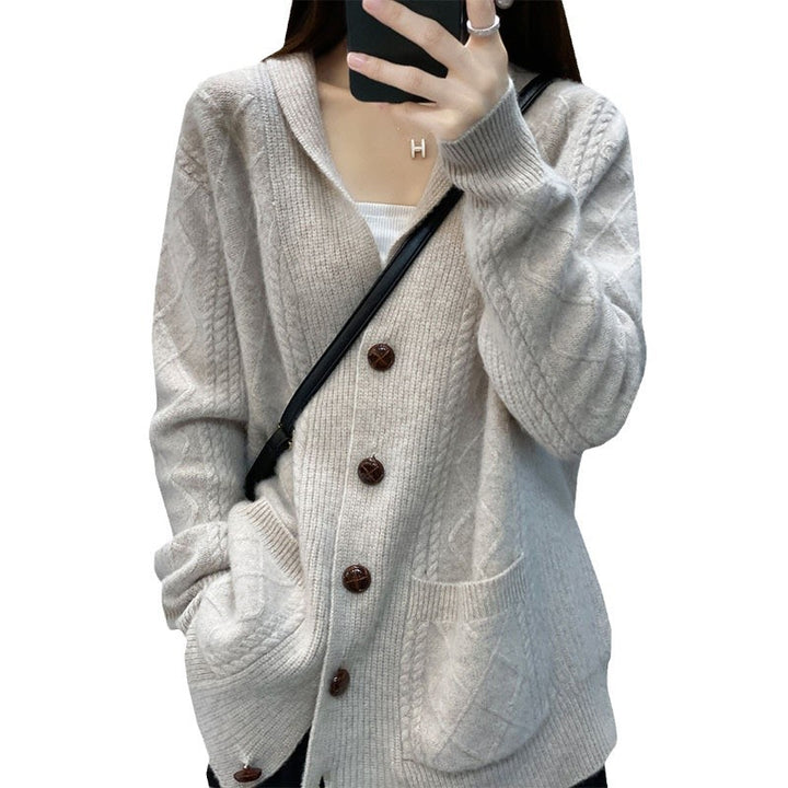 Damen Strickjacke mit Kapuze und großen Knöpfen Drune