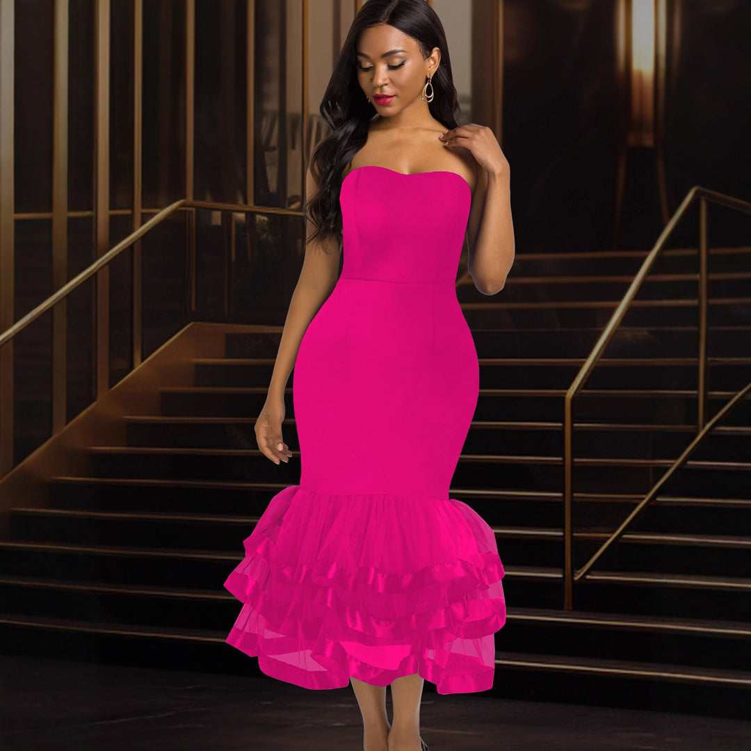 Damen figurbetontes Abendkleid mit schwingendem Rüschensaum Drune