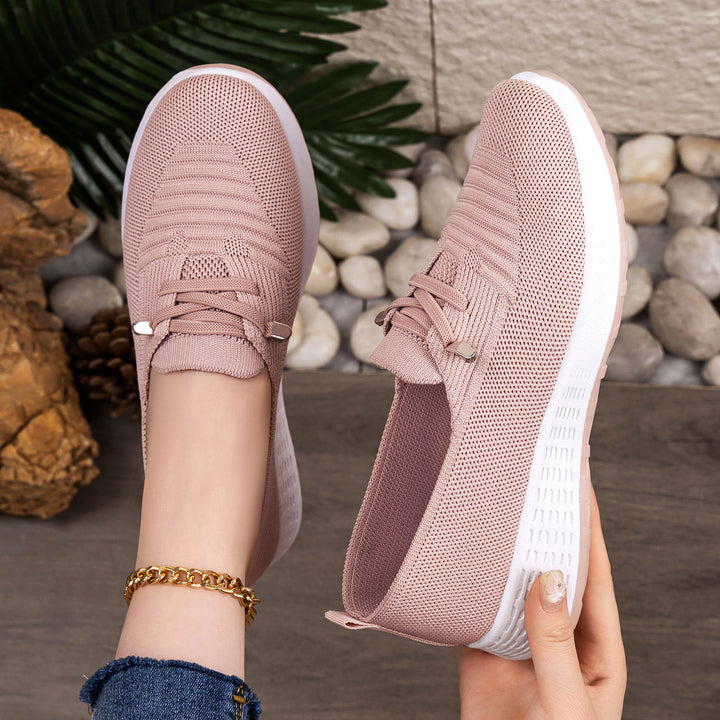Damen nan leichter gestrickter Slip-On Freizeitschuh mit elastischem Einstieg, dekorativer Zier-Schnürung und dämpfender Leichtprofilsohle Drune