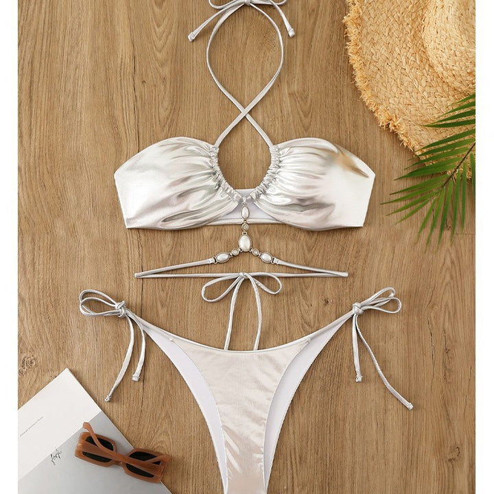 Damen Glänzender Bikini mit Neckholder-Design Drune