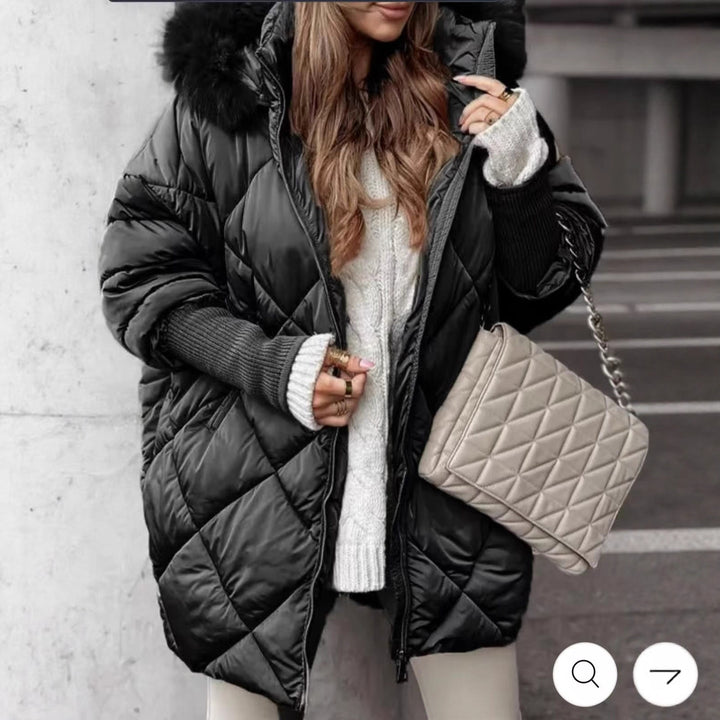 Damen langer gesteppter Winterparka mit großer Kapuze und Kunstfellbesatz Drune