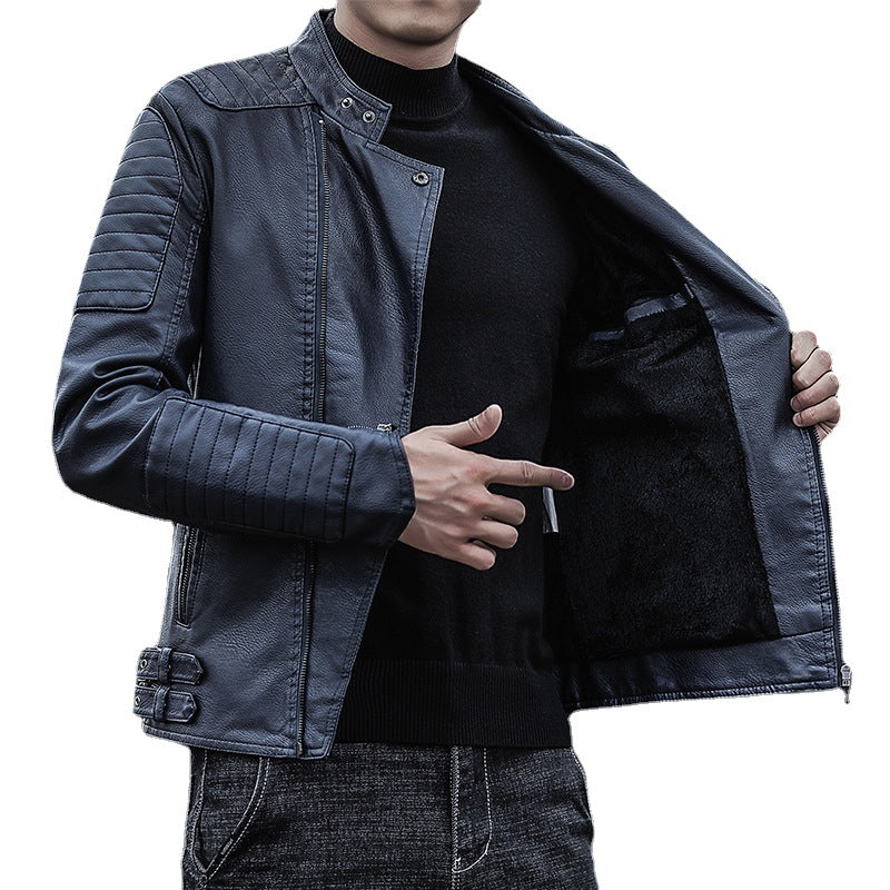 Herren Slim-Fit Kunstleder-Bikerjacke mit gesteppten Ärmelpaneelen, asymmetrischem Reißverschluss und Stehkragen Drune