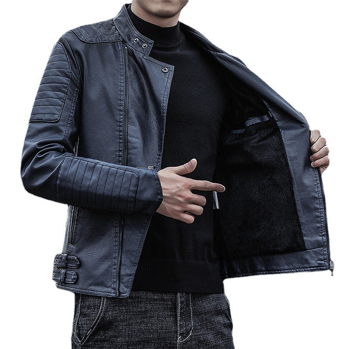 Herren Slim-Fit Kunstleder-Bikerjacke mit gesteppten Ärmelpaneelen, asymmetrischem Reißverschluss und Stehkragen Drune