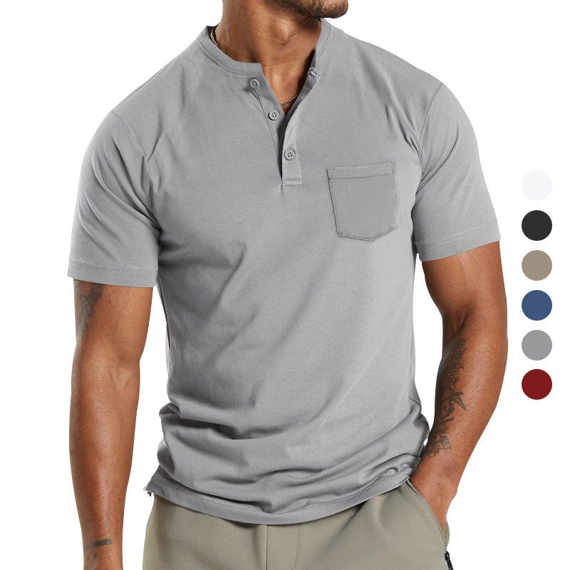 Herren nan atmungsaktives Baumwoll-Elasthan Kurzarm-Henley mit Brusttasche Drune
