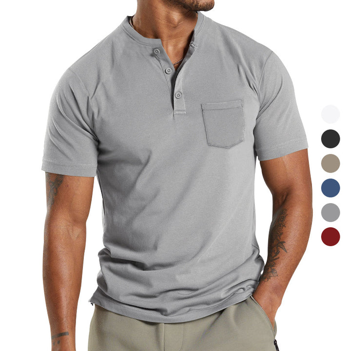 Herren nan atmungsaktives Baumwoll-Elasthan Kurzarm-Henley mit Brusttasche Drune