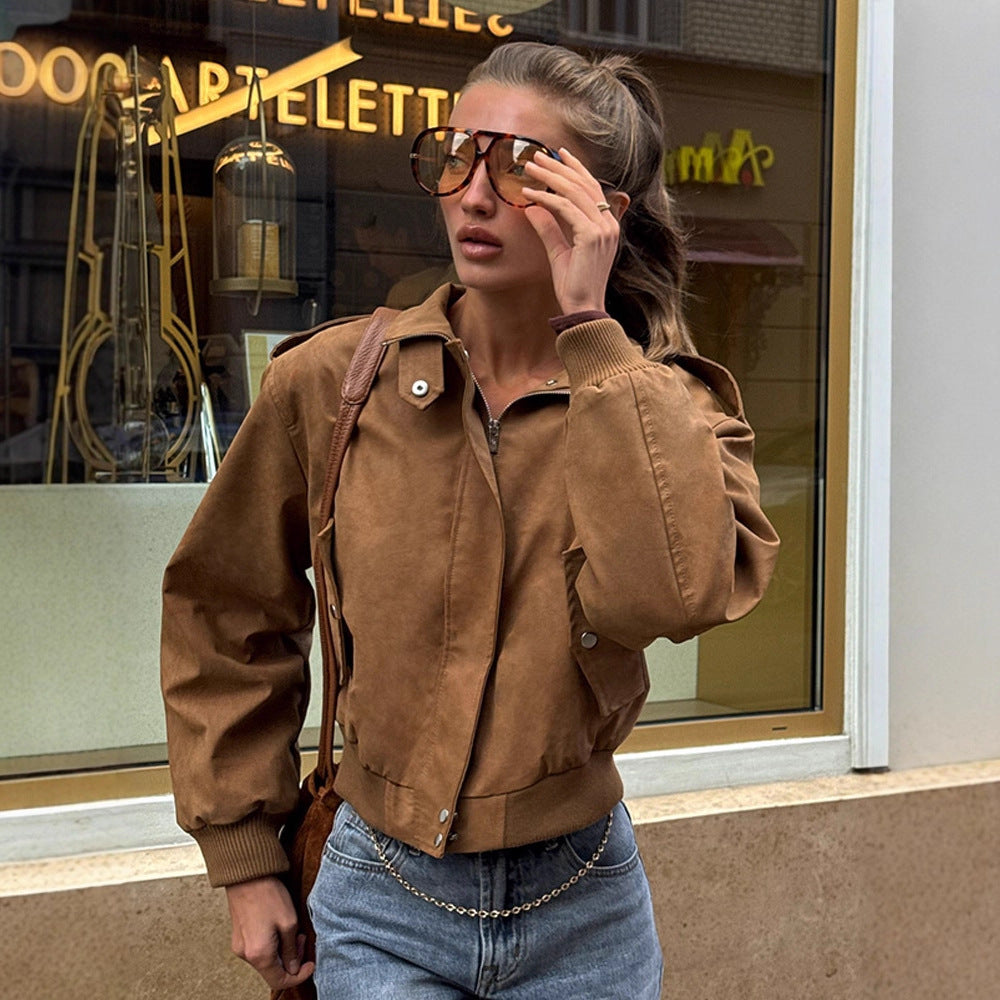 Damen Kurz geschnittene Bomberjacke aus Velourslederoptik mit Rippbündchen Drune