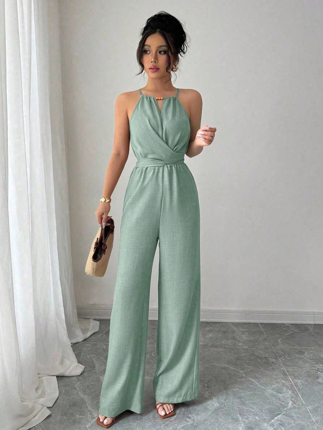 Damen Ärmelloser Neckholder-Jumpsuit mit Wickeloberteil und weitem Bein Drune