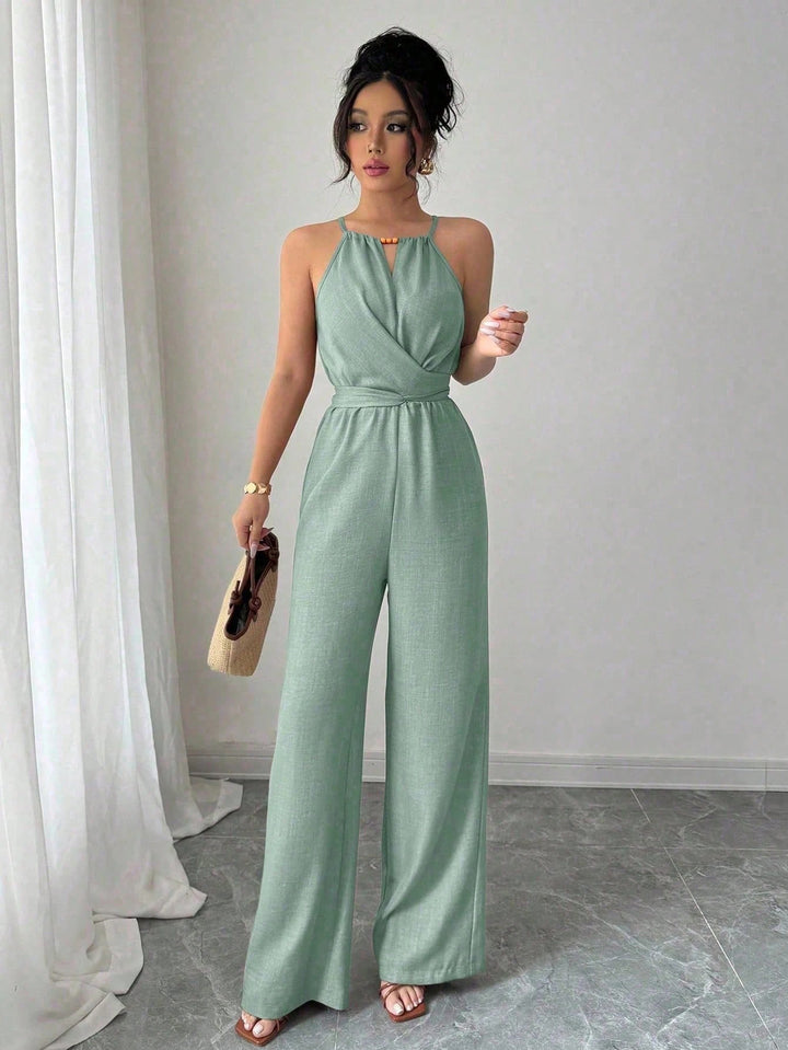 Damen Ärmelloser Neckholder-Jumpsuit mit Wickeloberteil und weitem Bein Drune