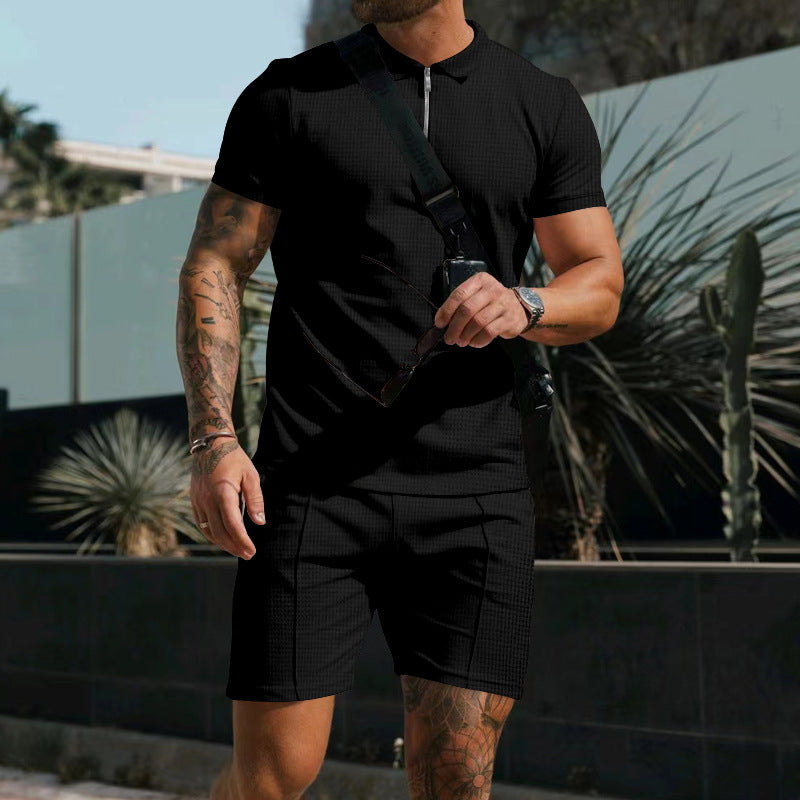 Herren nan sportives Poloshirt- und Chino-Shorts-Set mit halbem Reißverschluss, strukturiertem Jersey und dezenter Bügelfalte Drune