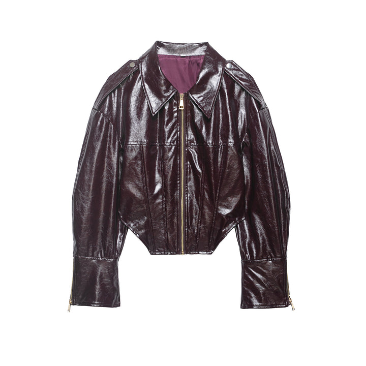 Damen Cropped Lackleder-Optik Bikerjacke mit Oversize-Ärmeln, Schulterklappen und durchgehendem Frontzip Drune