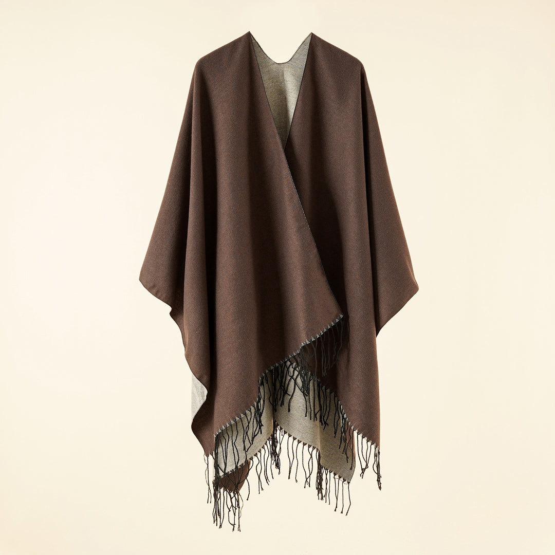 Damen Großer Ruana‑Poncho aus feinem Wollmix mit Fransen und offenem Fall Drune