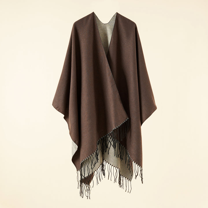 Damen Großer Ruana‑Poncho aus feinem Wollmix mit Fransen und offenem Fall Drune