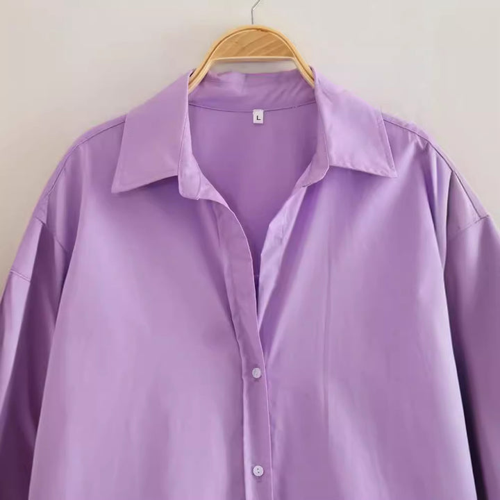 Damen nan oversized Longbluse mit Kentkragen, durchgehender Knopfleiste und abgerundetem Saum Drune