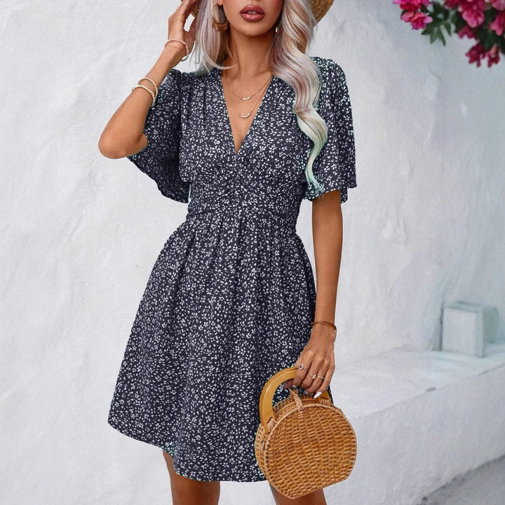 Damen Blumenkleid mit schickem V-Ausschnitt und voluminösen Ärmeln Drune