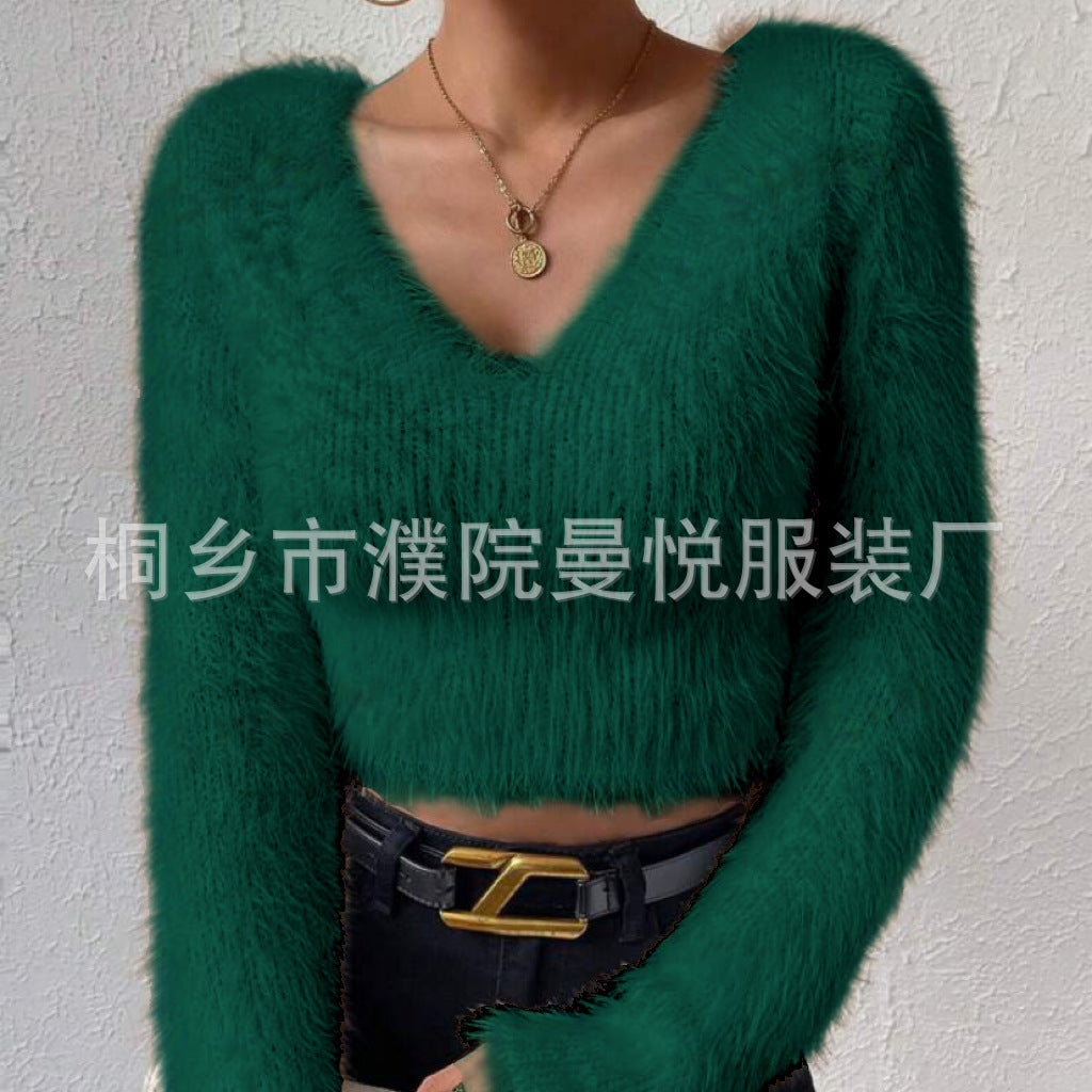 Damen Flauschiger Crop-Pullover mit V-Ausschnitt und Eyelash-Struktur Drune
