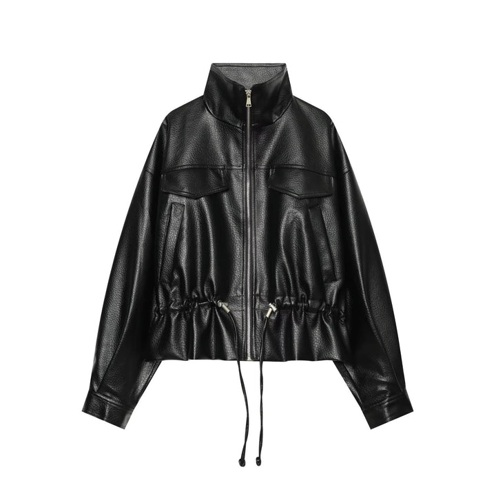 Damen Cropped Kunstlederblouson mit hohem Stehkragen, Pattentaschen und Tunnelzug Drune