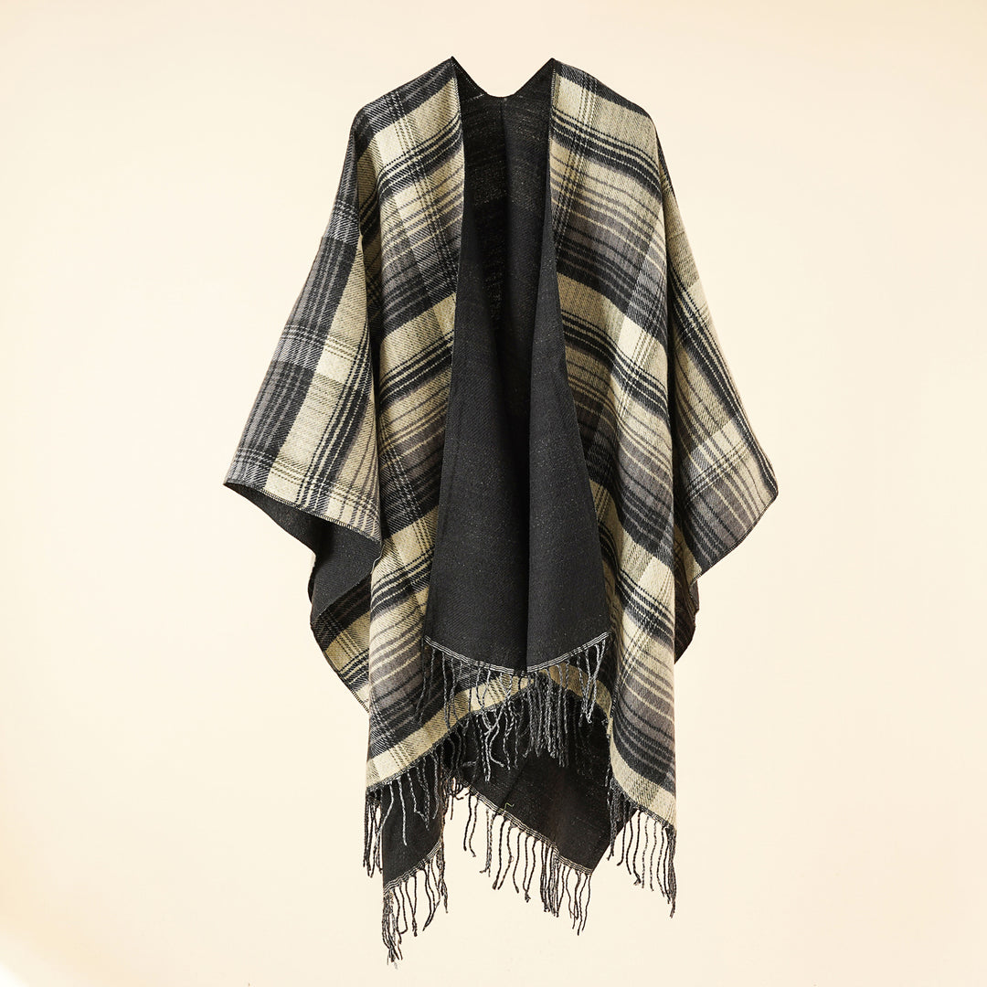 Damen Kastiger Plaid-Ruana aus leichtem Wollmix mit dekorativem Fransensaum Drune